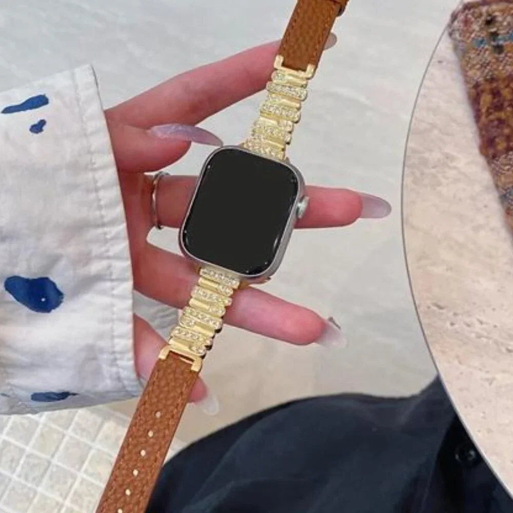 NEW Brown/Gold Leather Slim Apple Watch Band - Picture 3 of 5